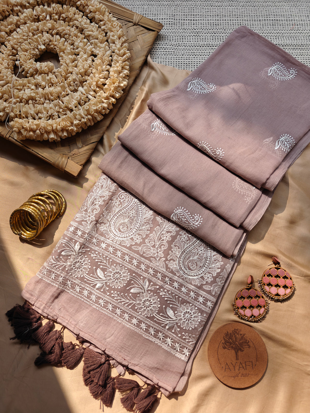Biscuit Paisley Embroidery Mul Cotton Saree
