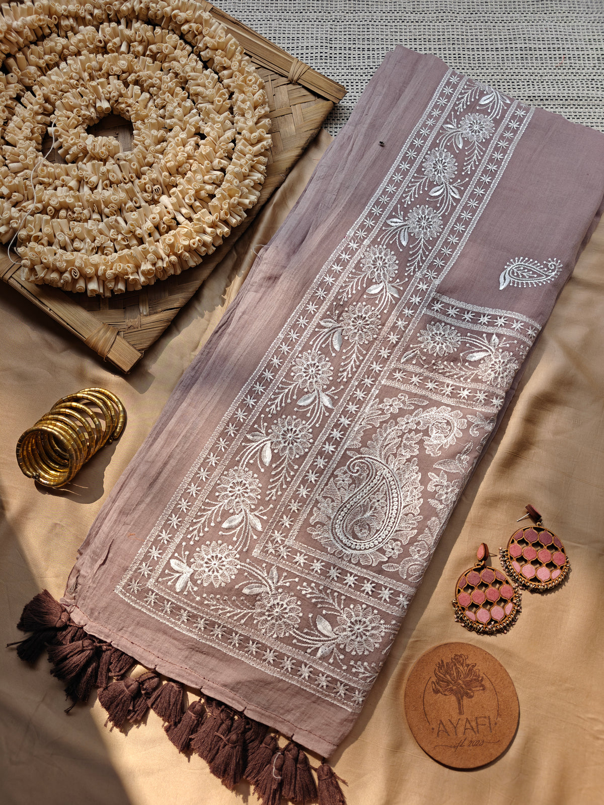 Biscuit Paisley Embroidery Mul Cotton Saree