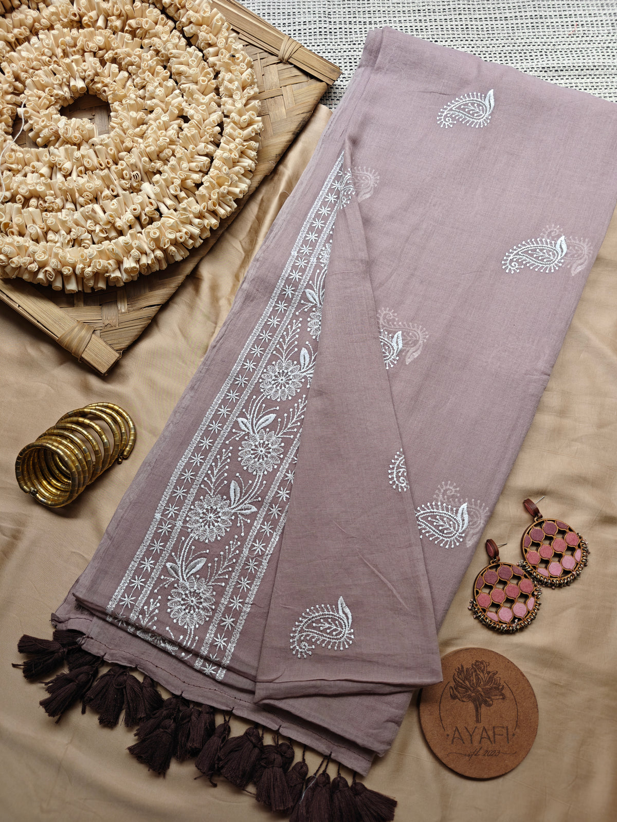 Biscuit Paisley Embroidery Mul Cotton Saree