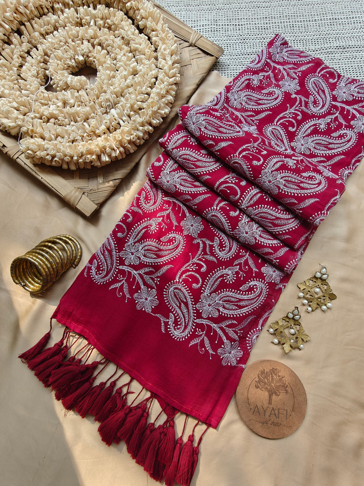 Maroon Paisley Embroidery Mul Cotton Saree