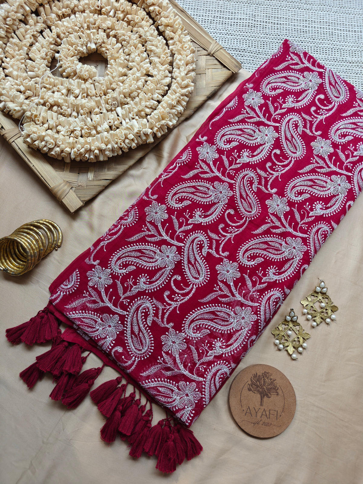 Maroon Paisley Embroidery Mul Cotton Saree