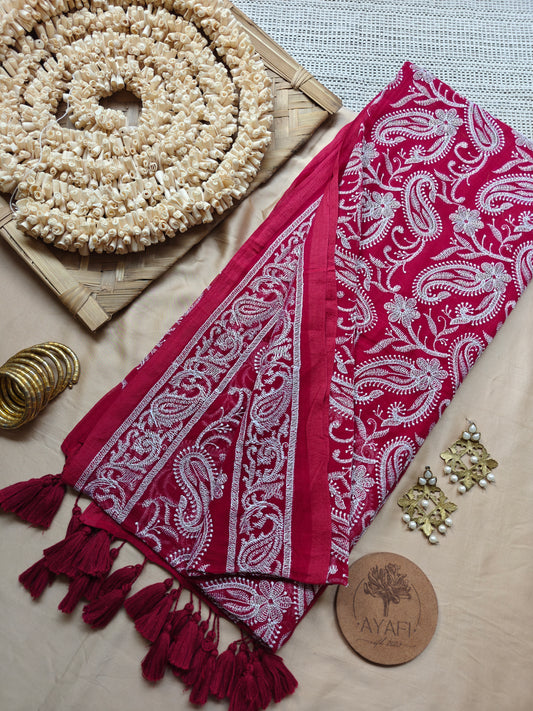 Maroon Paisley Embroidery Mul Cotton Saree