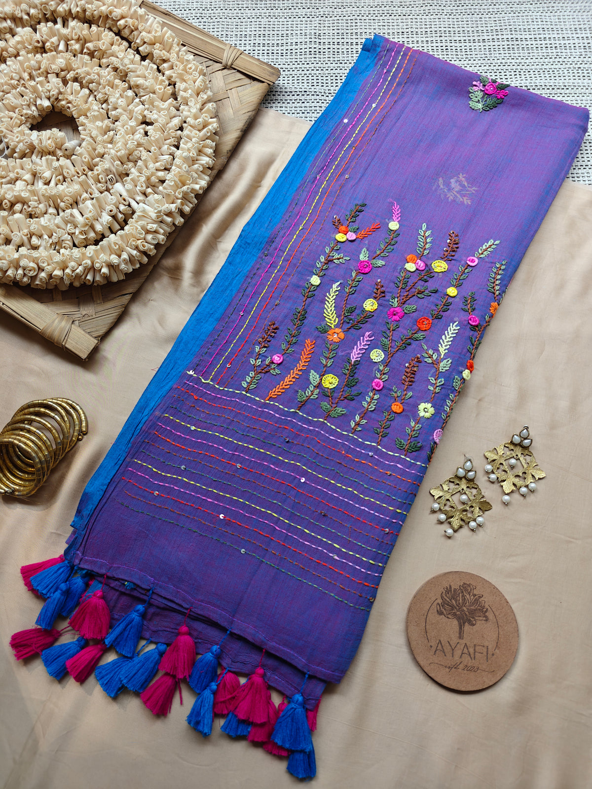 Iris Hand-Embroidered Mul Cotton Saree