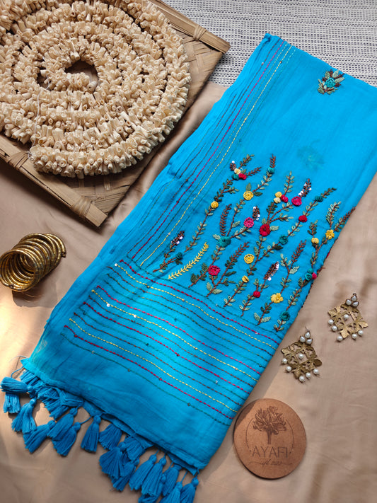 Blue Hand-Embroidered Mul Cotton Saree