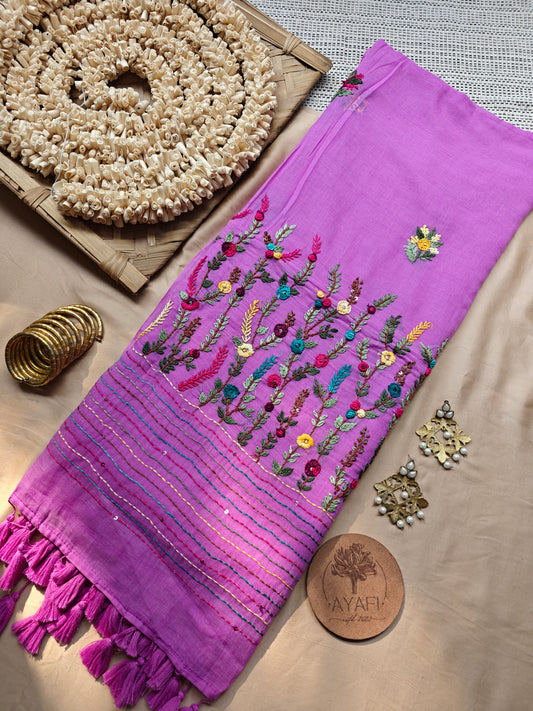 Mauve Hand-Embroidered Mul Cotton Saree