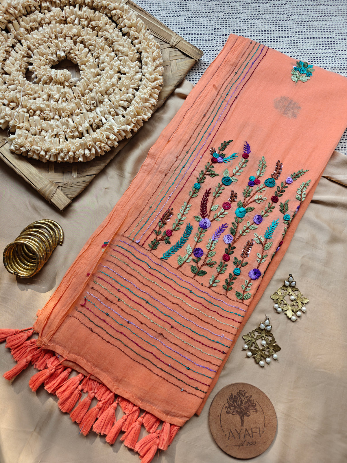 Melon Hand-Embroidered Mul Cotton Saree