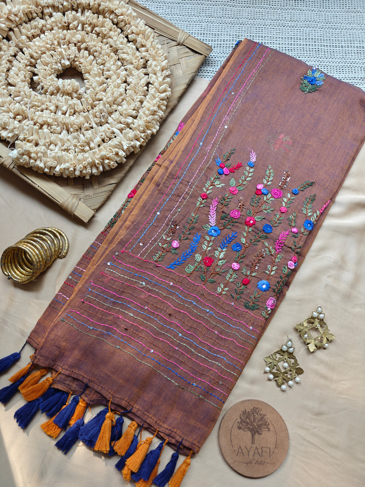 Spice Hand-Embroidered Mul Cotton Saree