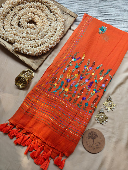 Orange Hand-Embroidered Mul Cotton Saree