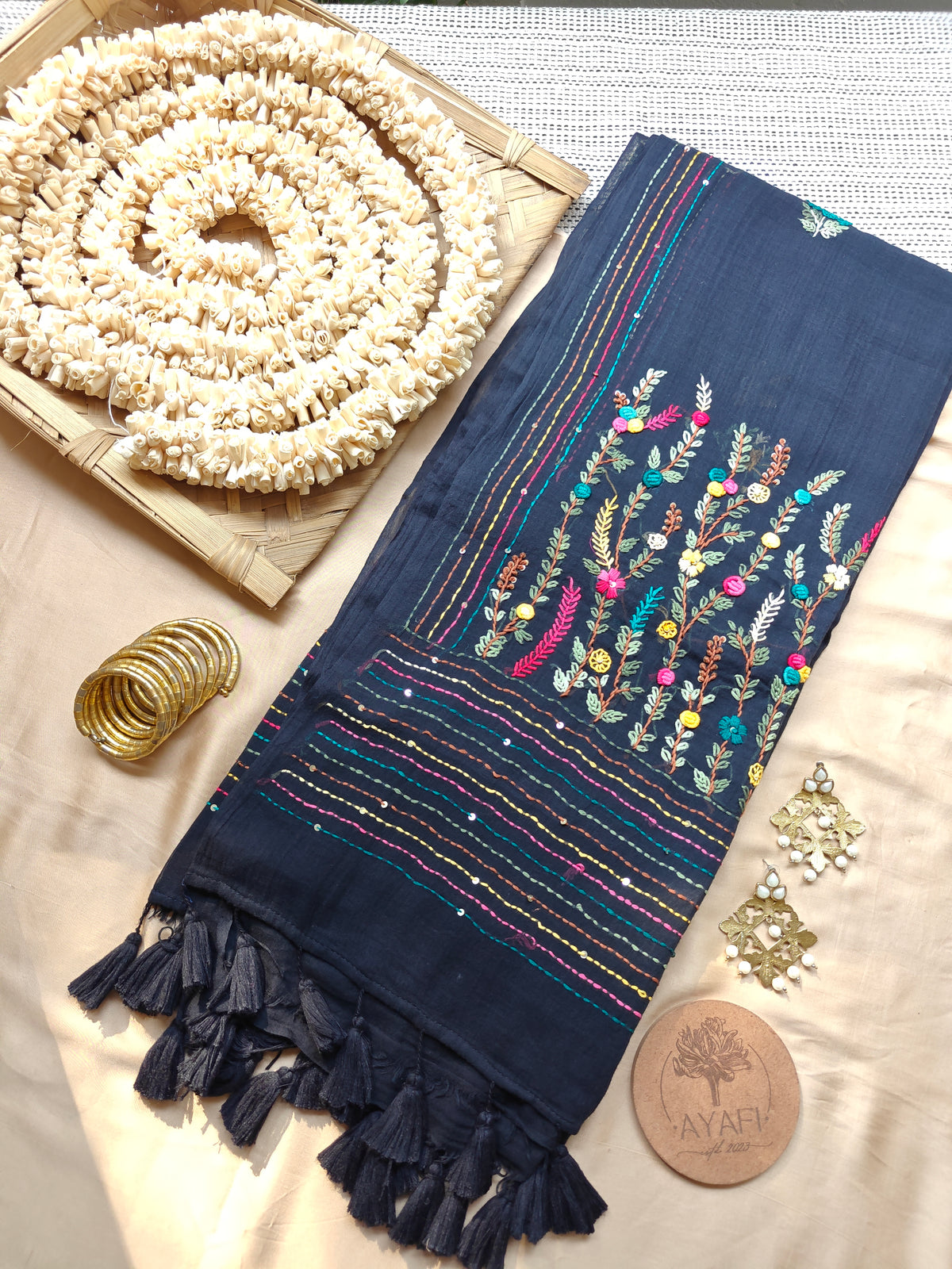 Black Hand-Embroidered Mul Cotton Saree