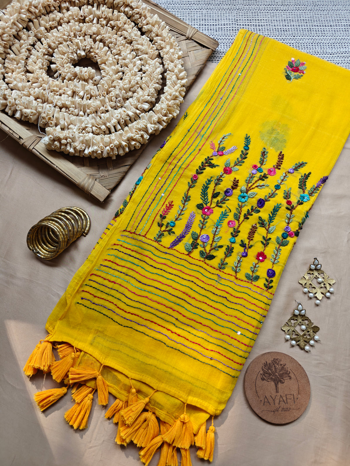 Yellow Hand-Embroidered Mul Cotton Saree