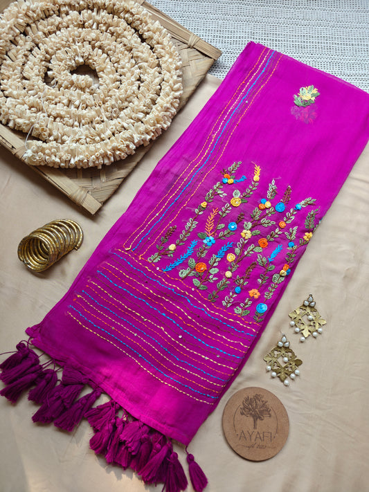 Pink Hand-Embroidered Mul Cotton Saree