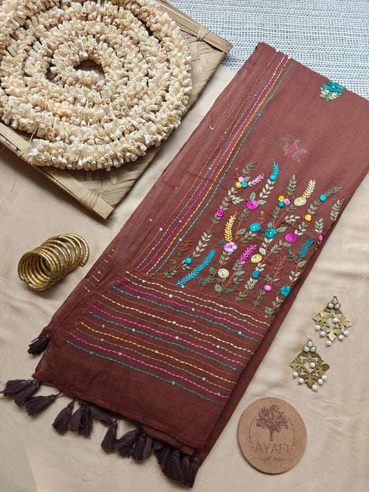 Brown Hand-Embroidered Mul Cotton Saree
