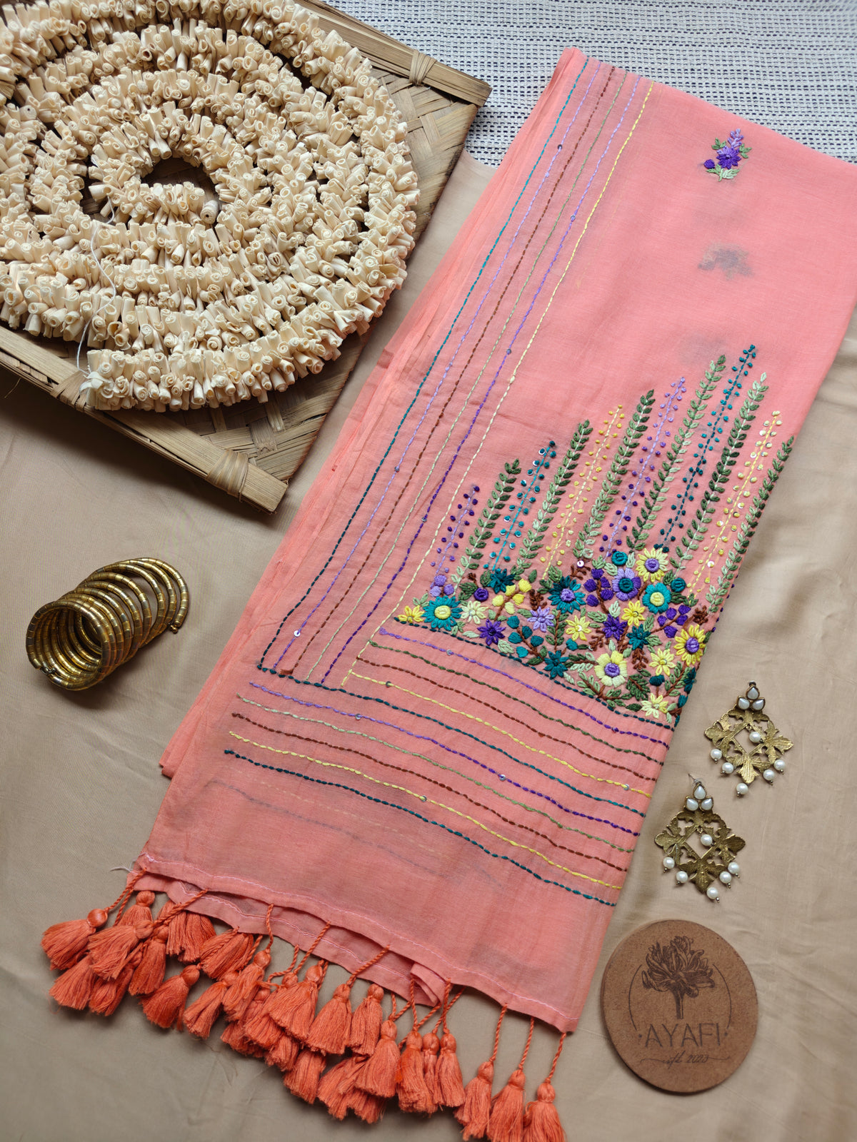 Peach Hand-Embroidered Mul Cotton Saree