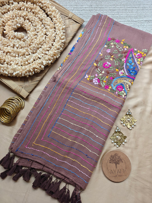 Caramel Hand-Embroidered Mul Cotton Saree