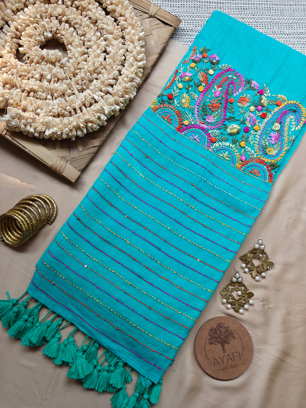 Cyan Hand-Embroidered Mul Cotton Saree