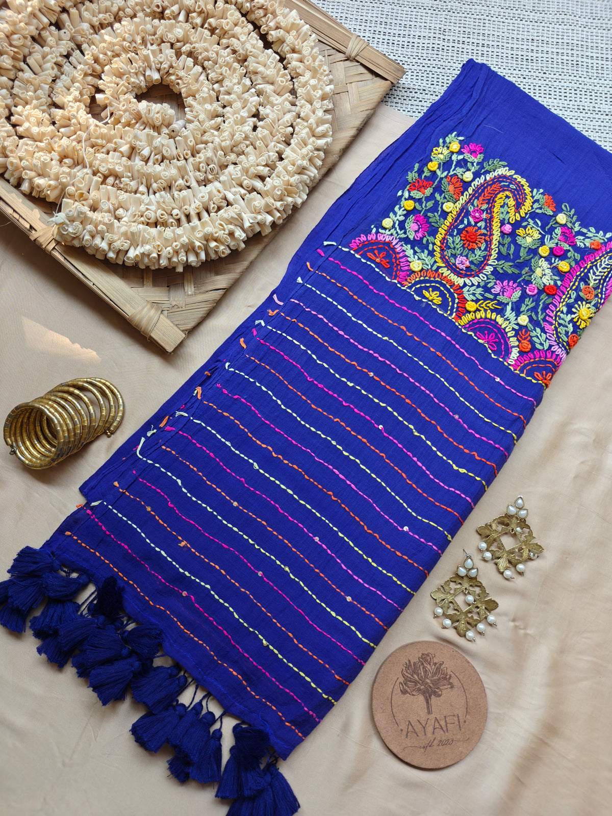 Midnight Hand-Embroidered Mul Cotton Saree