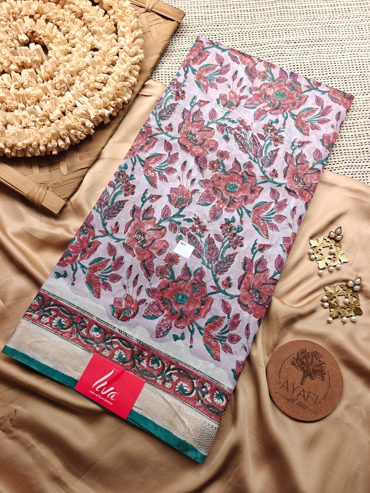 Baby Pink Sanganeri Handblock Printed Maheshwari LIVA Saree