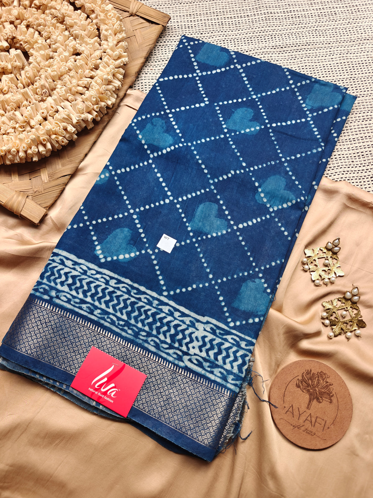 Indigo Dabu Handblock Printed Maheshwari LIVA Saree