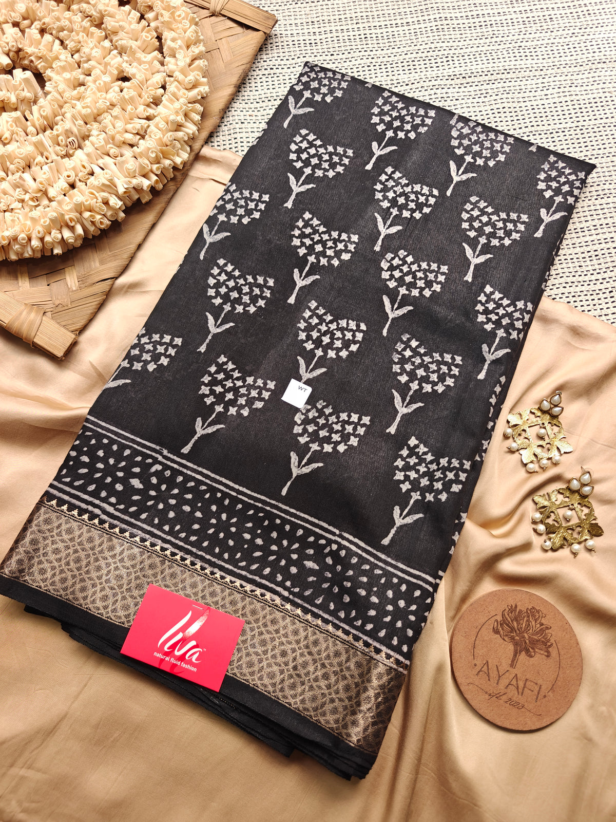 Black Handblock Printed Maheshwari LIVA Saree