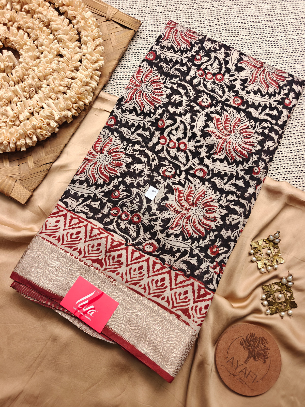Black Bagru Handblock Printed Maheshwari LIVA Saree