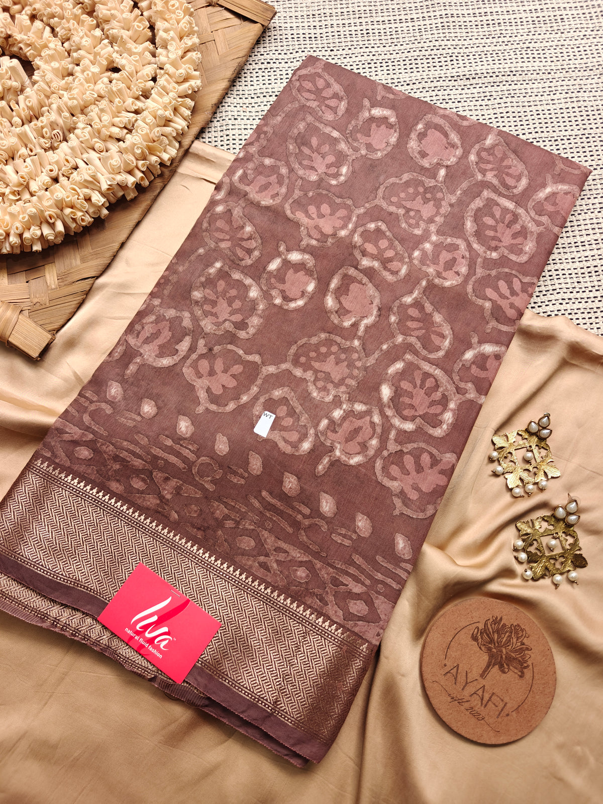 Dusty Mauve Dabu Handblock Printed Maheshwari LIVA Saree