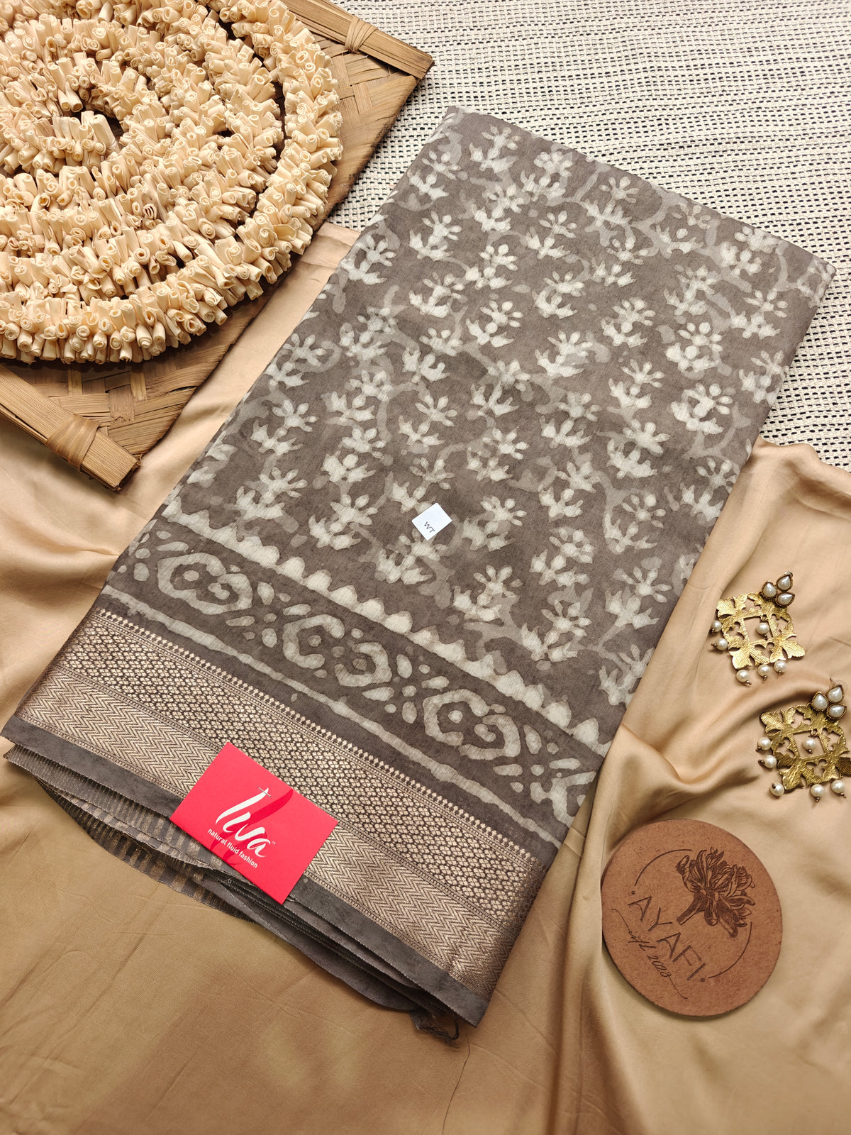 Olive Dabu Handblock Printed Maheshwari LIVA Saree