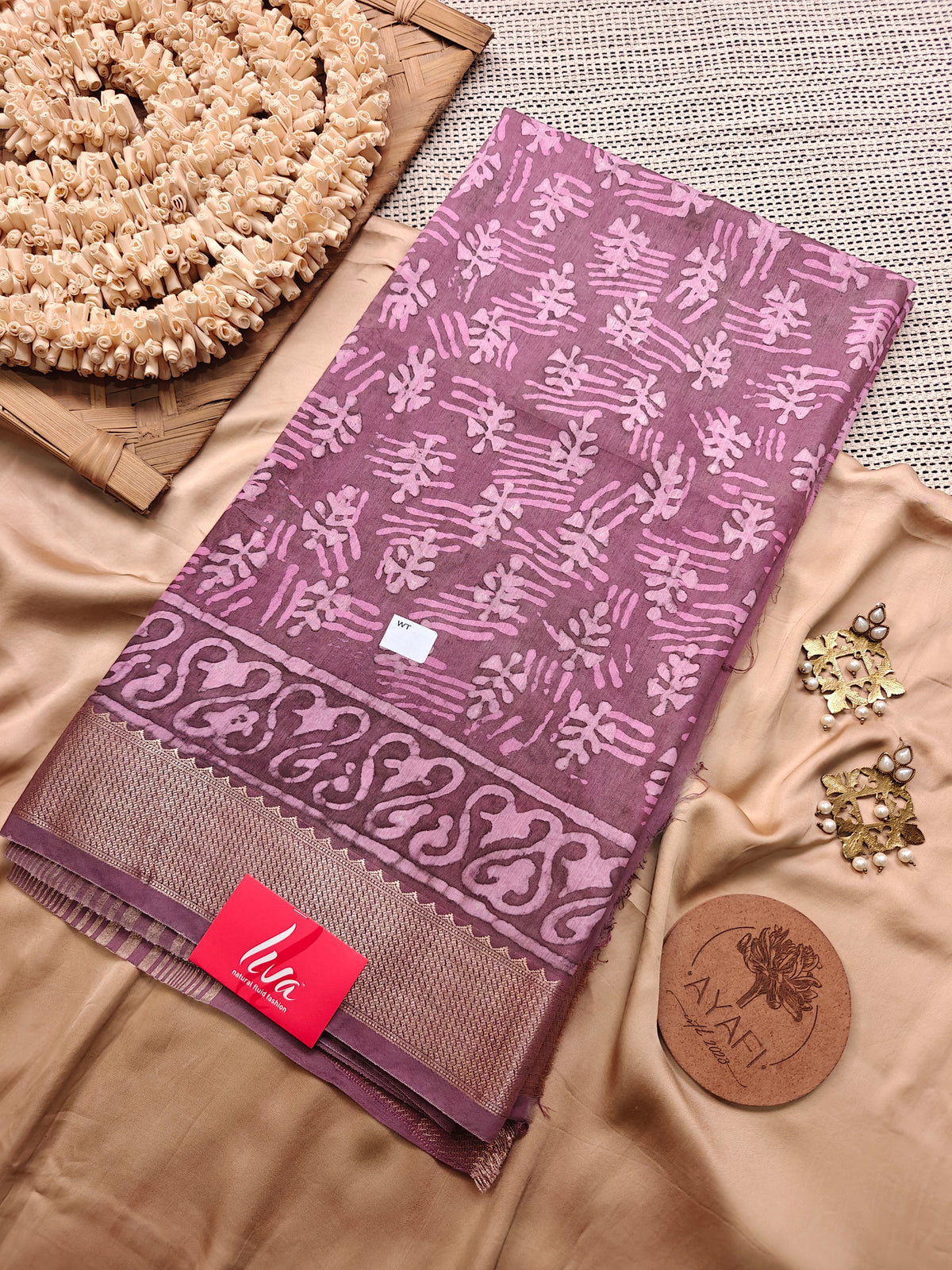 Mauve Dabu Handblock Printed Maheshwari LIVA Saree