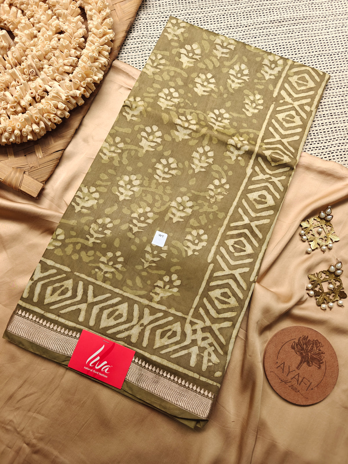 Green Dabu Handblock Printed Maheshwari LIVA Saree