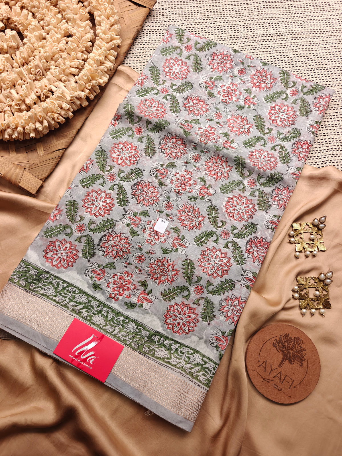 Gray Sanganeri Handblock Printed Maheshwari LIVA Saree