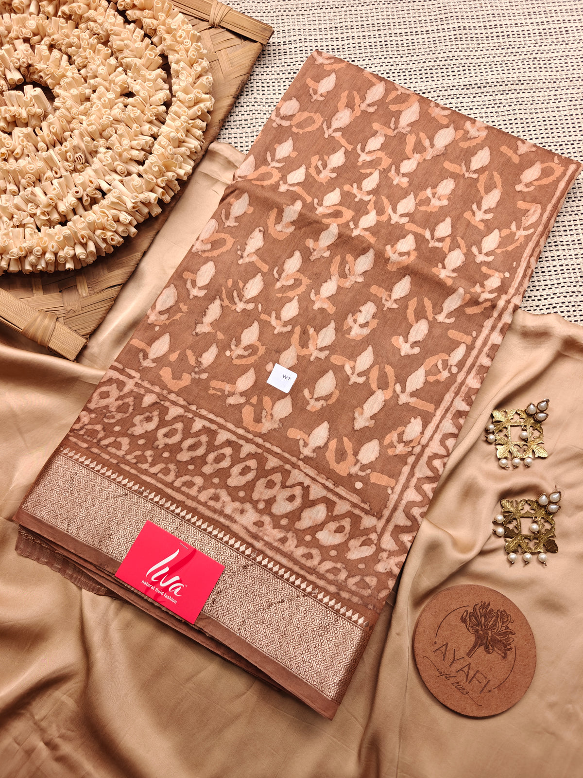 Rust Dabu Handblock Printed Maheshwari LIVA Saree
