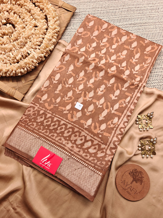 Rust Dabu Handblock Printed Maheshwari LIVA Saree