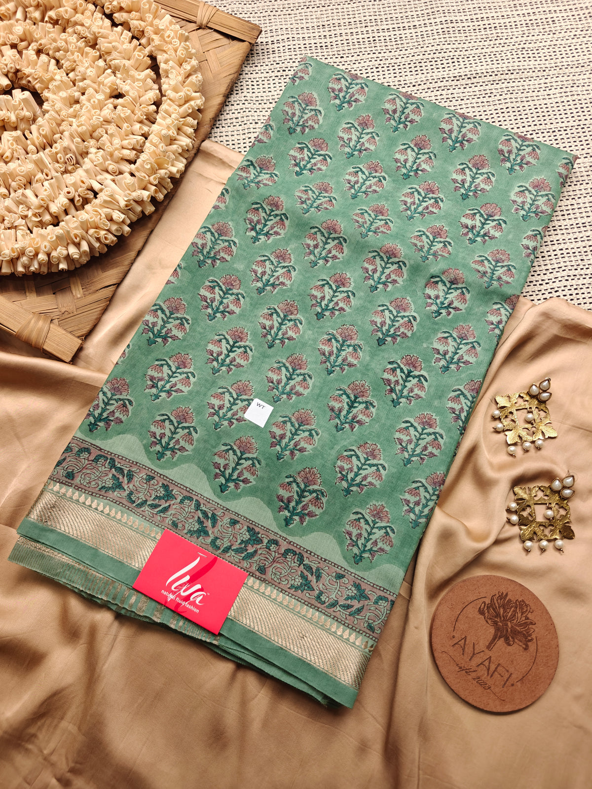 Sage Sanganeri Handblock Printed Maheshwari LIVA Saree