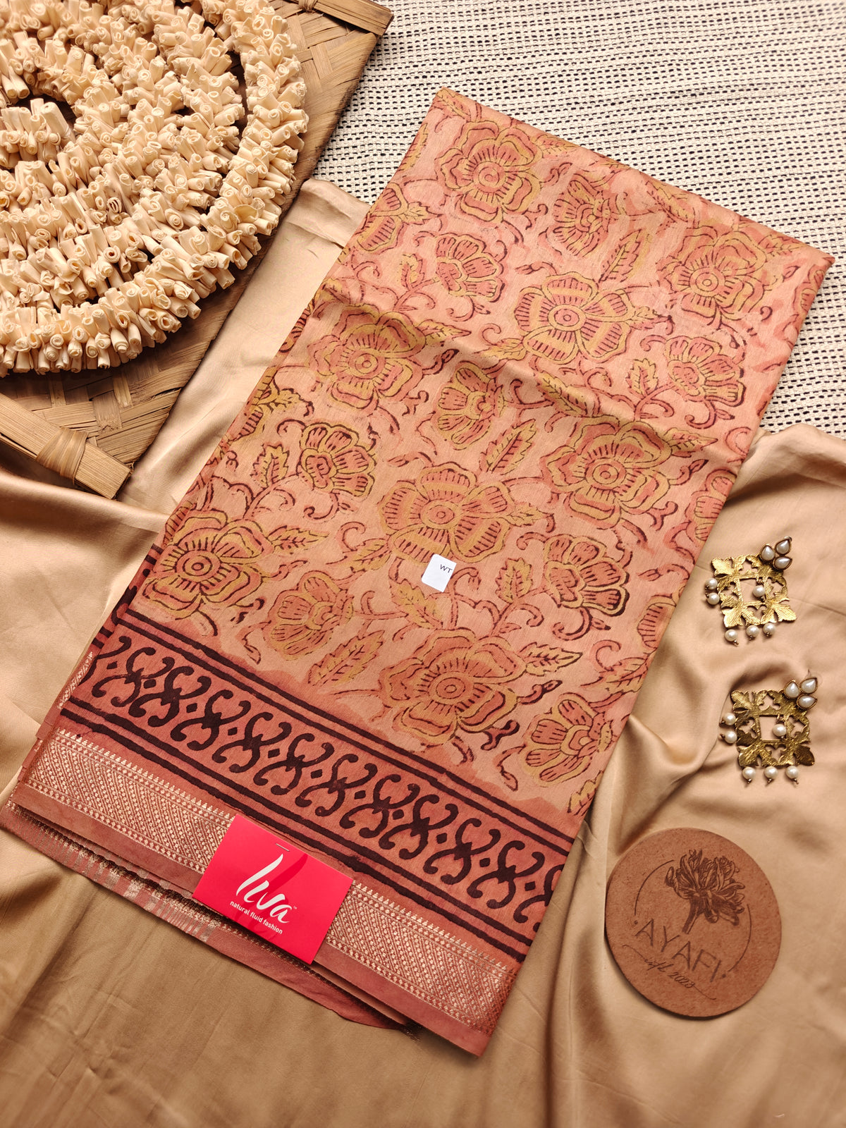 Orange Multani Ajrak Handblock Printed Maheshwari LIVA Saree