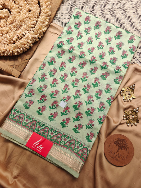 Pista Sanganeri Handblock Printed Maheshwari LIVA Saree