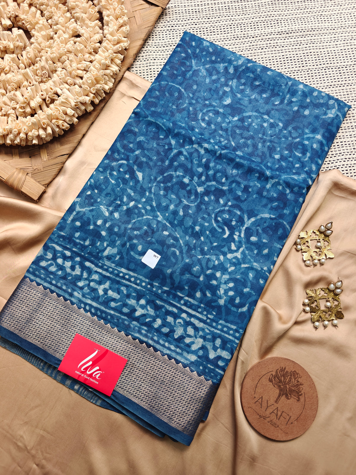 Indigo Dabu Handblock Printed Maheshwari LIVA Saree