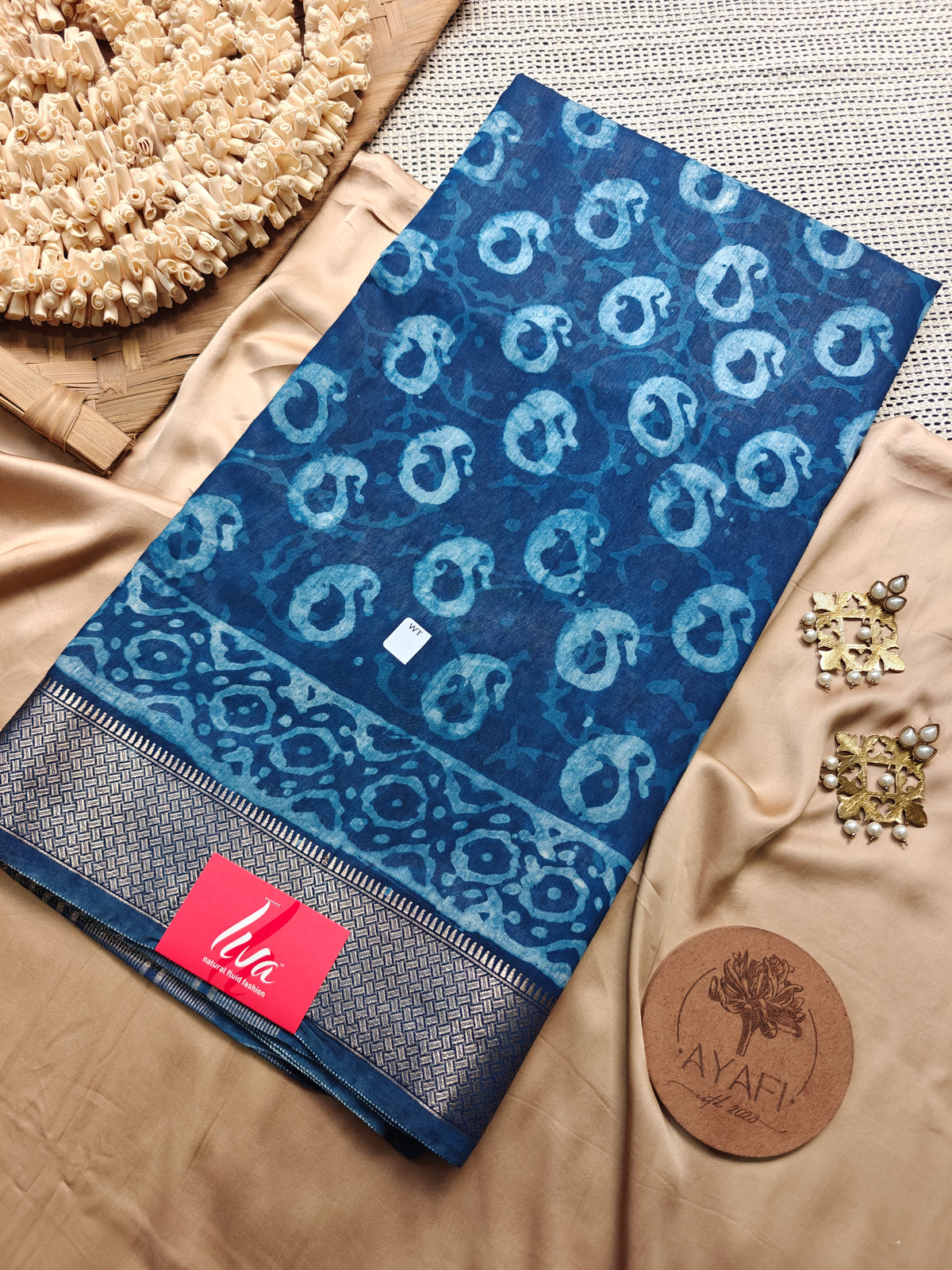 Indigo Dabu  Handblock Printed Maheshwari LIVA Saree