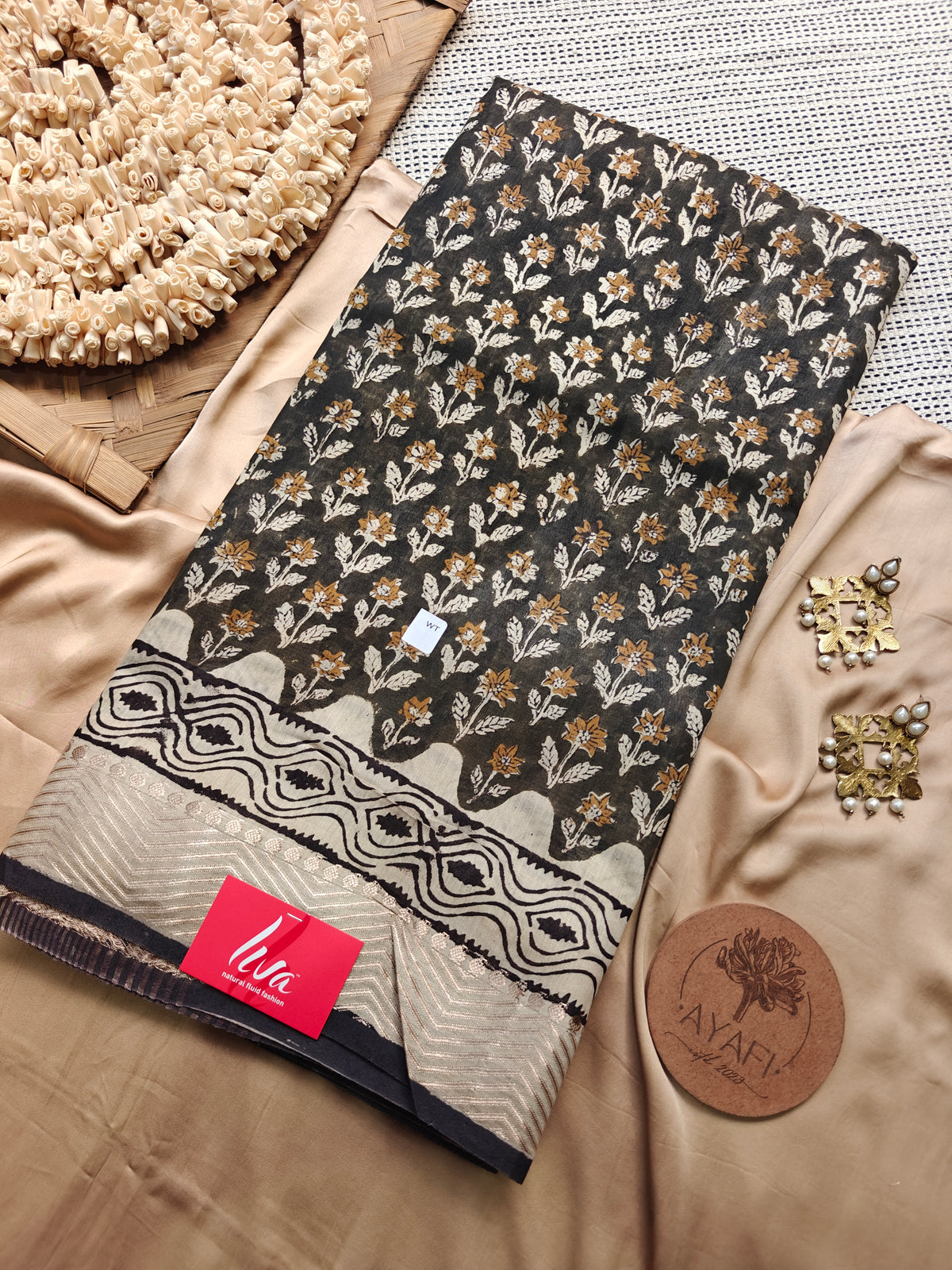 Black Multani Ajrak Handblock Printed Maheshwari LIVA Saree