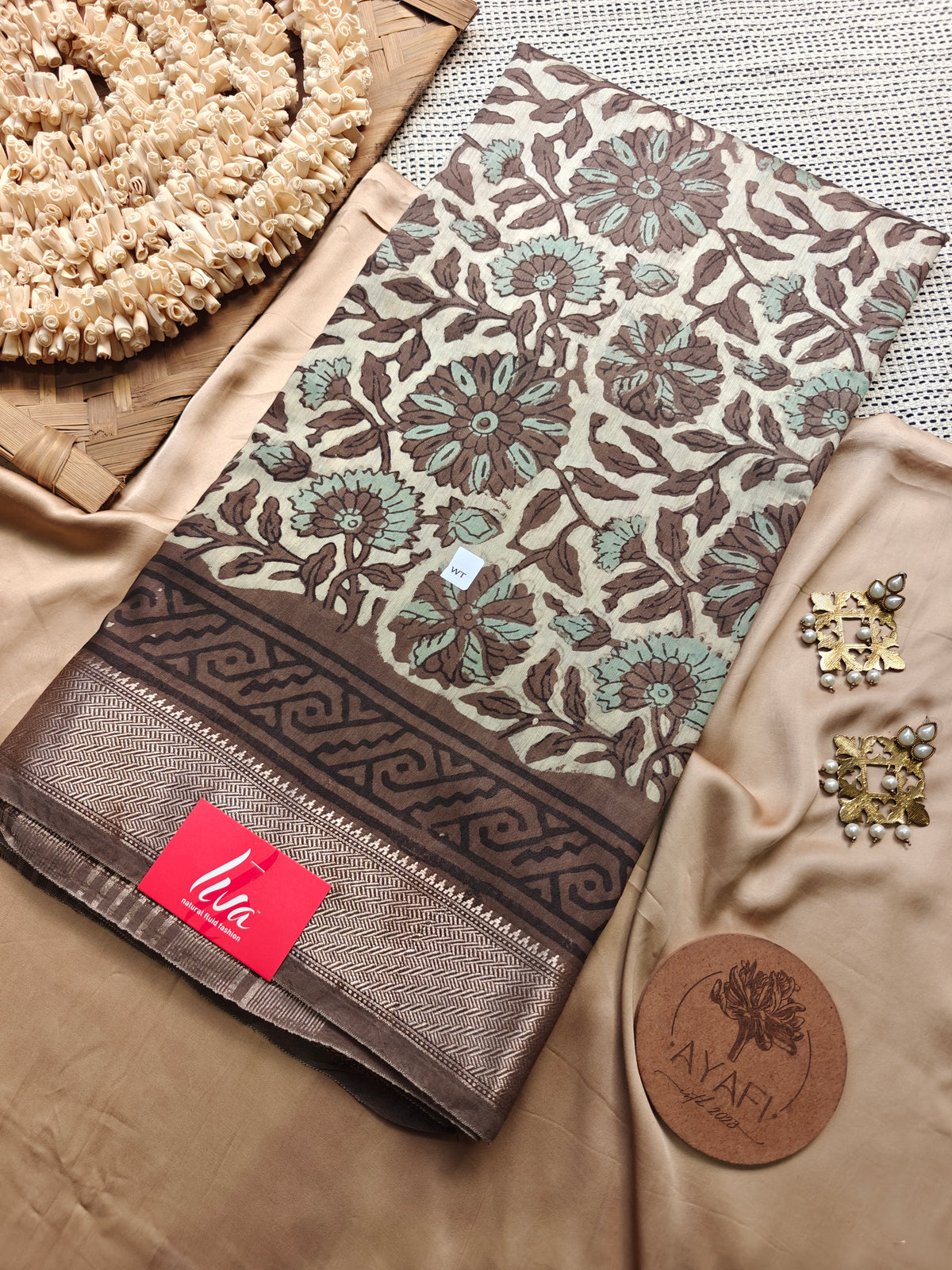 Brown Multani Ajrak Handblock Printed Maheshwari LIVA Saree