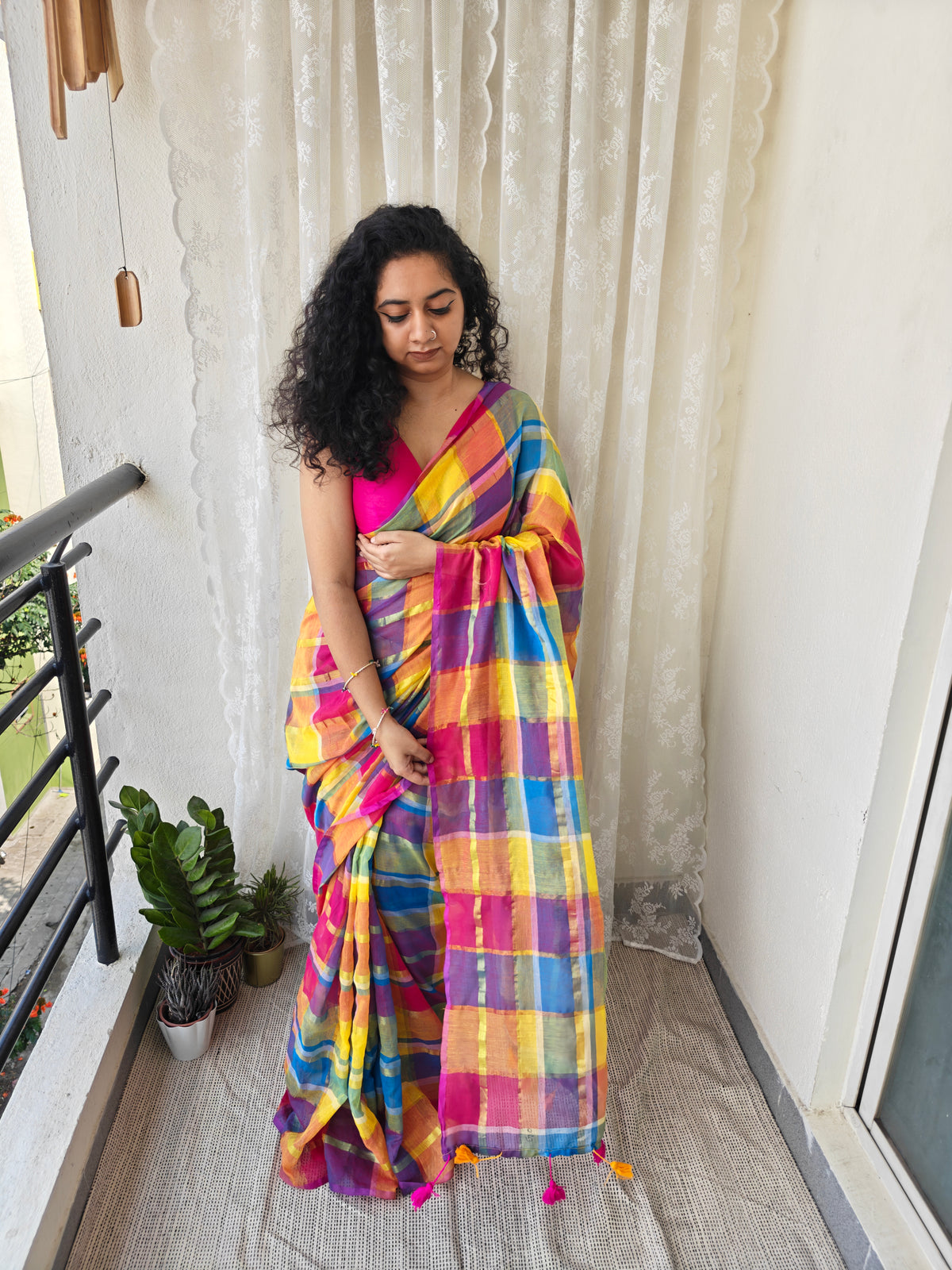 Multicolored Gold Zari Checked Mul Saree