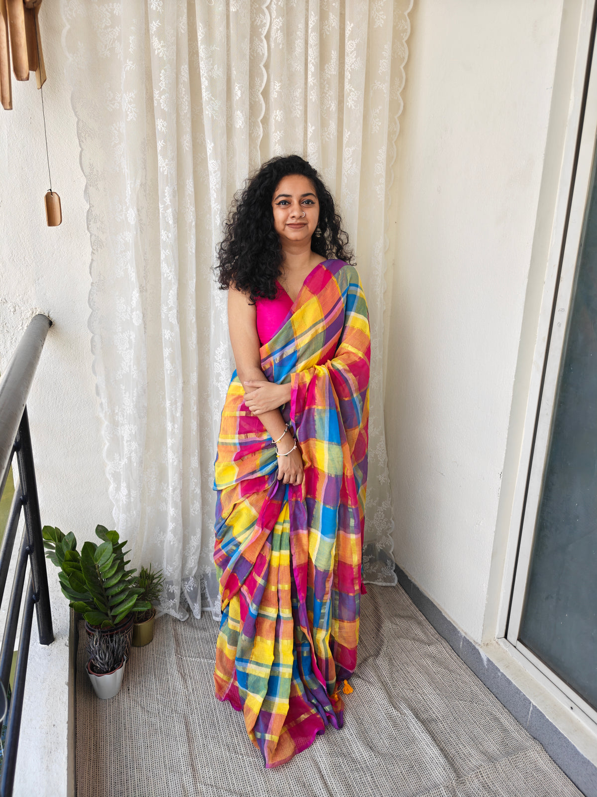 Multicolored Gold Zari Checked Mul Saree