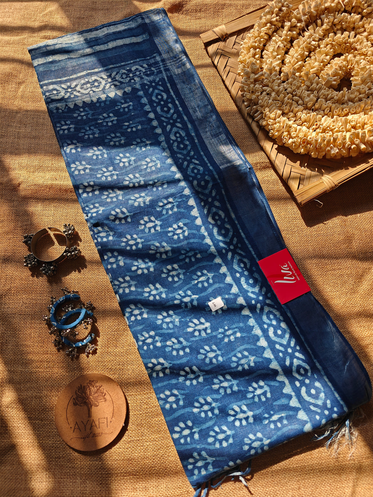 Indigo Dabu Handblock Printed Linen LIVA Saree