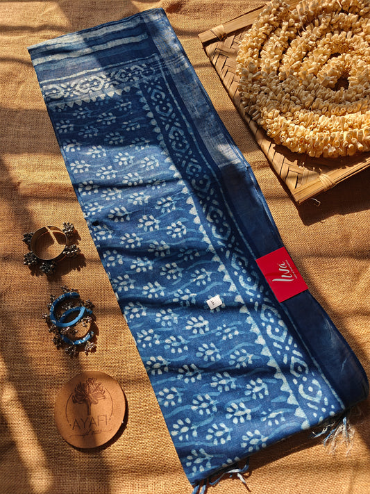 Indigo Dabu Handblock Printed Linen LIVA Saree
