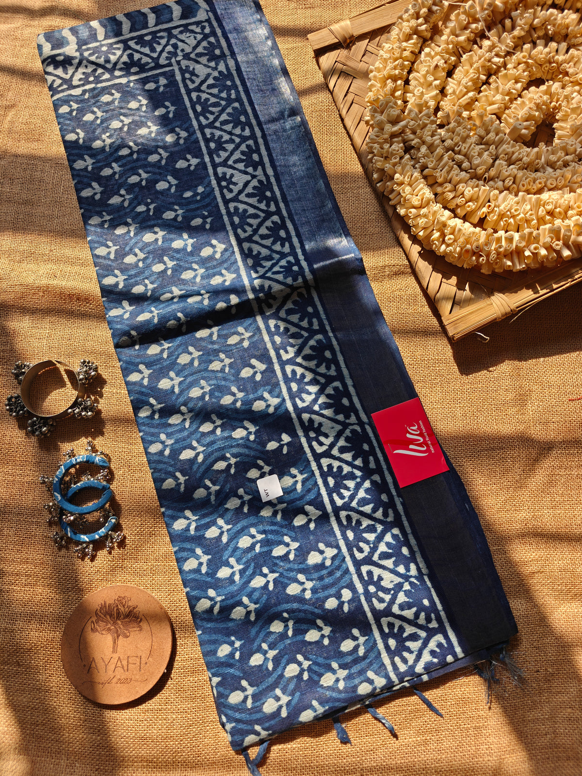 Indigo Dabu Handblock Printed Linen LIVA Saree