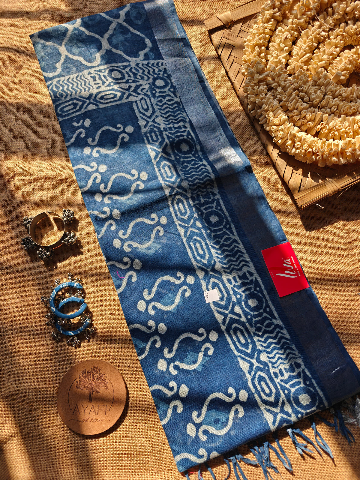 Indigo Dabu Handblock Printed Linen LIVA Saree