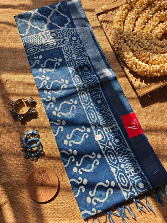 Indigo Dabu Handblock Printed Linen LIVA Saree