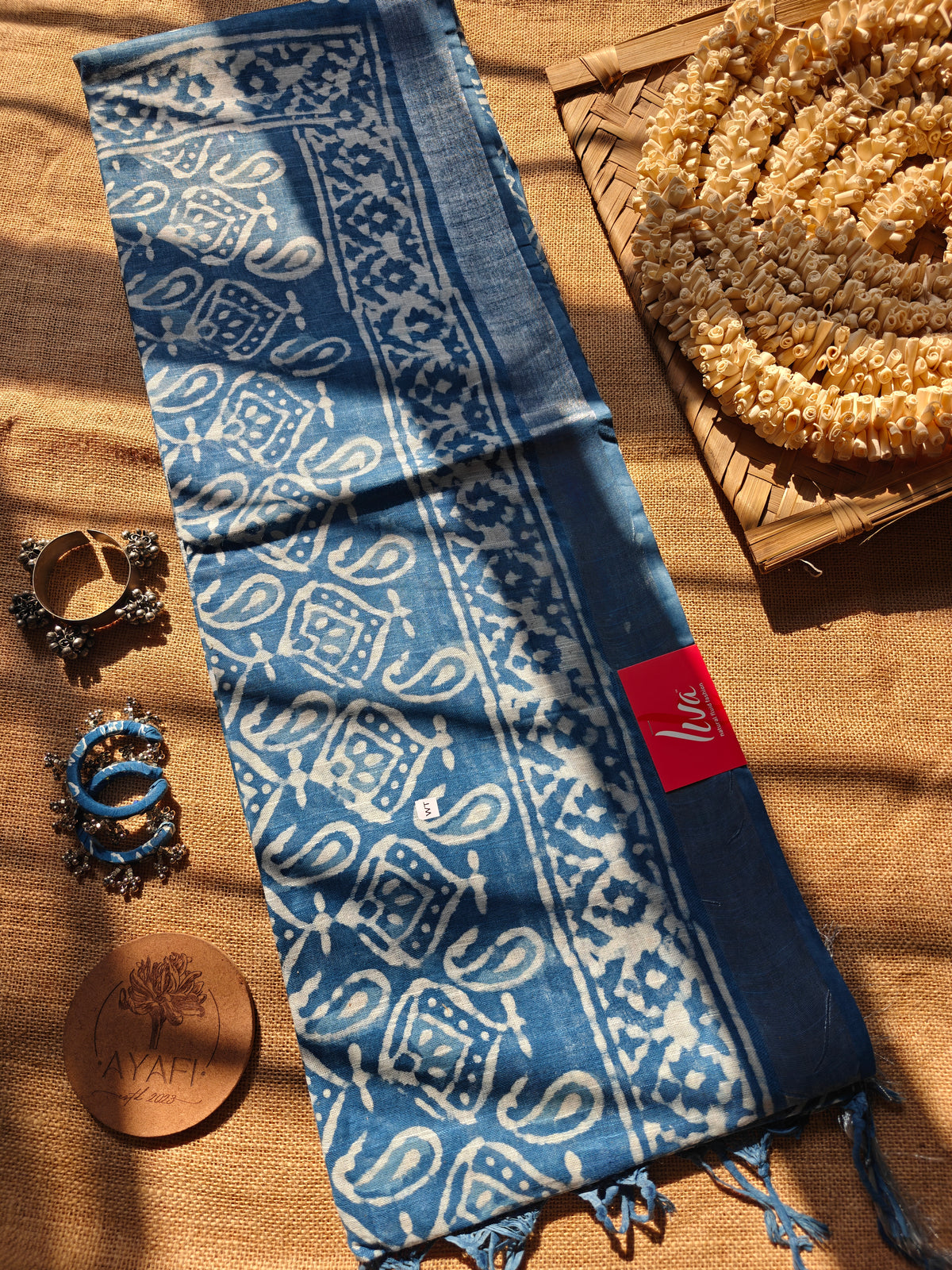 Indigo Dabu Handblock Printed Linen LIVA Saree