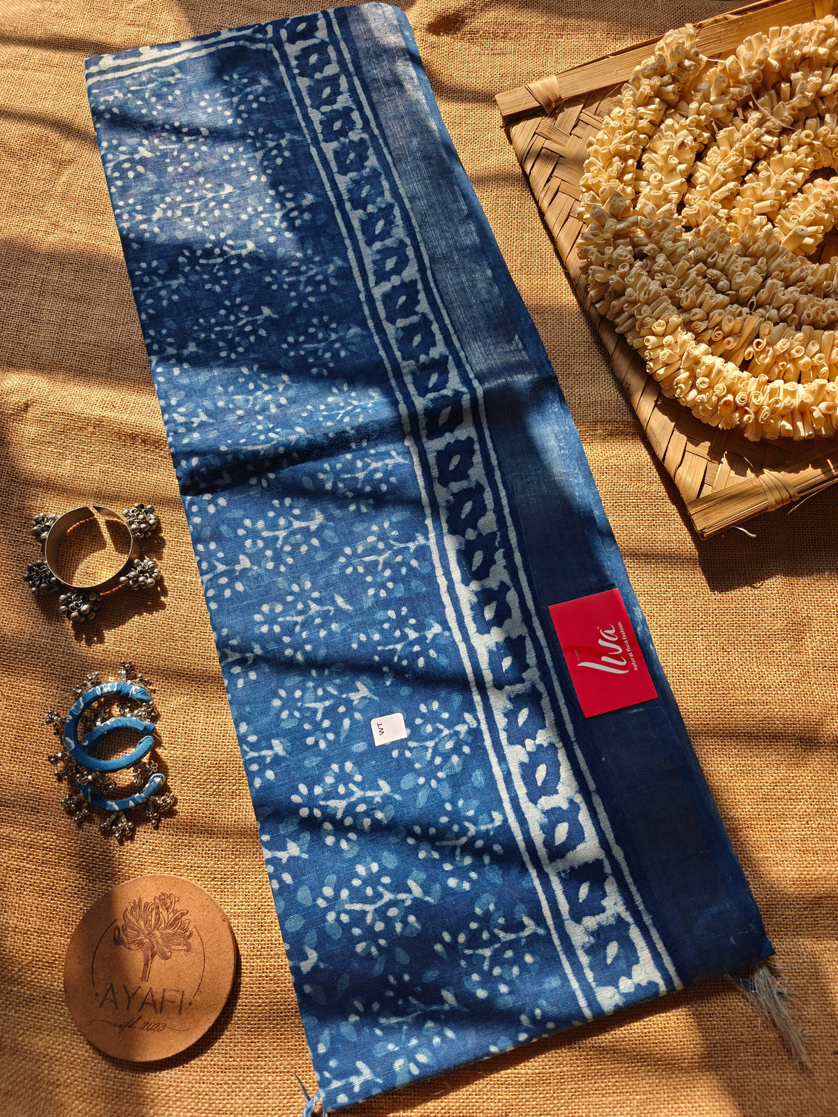 Indigo Dabu Handblock Printed Linen LIVA Saree