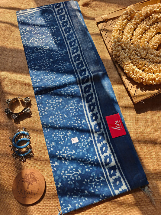 Indigo Dabu Handblock Printed Linen LIVA Saree