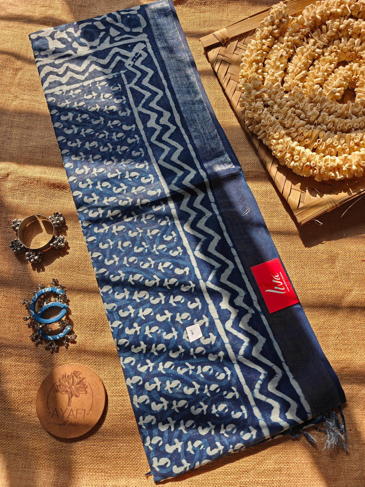 Indigo Dabu Handblock Printed Linen LIVA Saree
