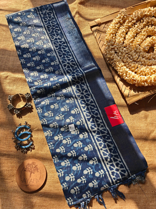 Indigo Dabu Handblock Printed Linen LIVA Saree